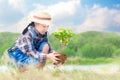 Asian child girl plant sapling tree in the nature spring for reduce global warming growth feature, Royalty Free Stock Photo
